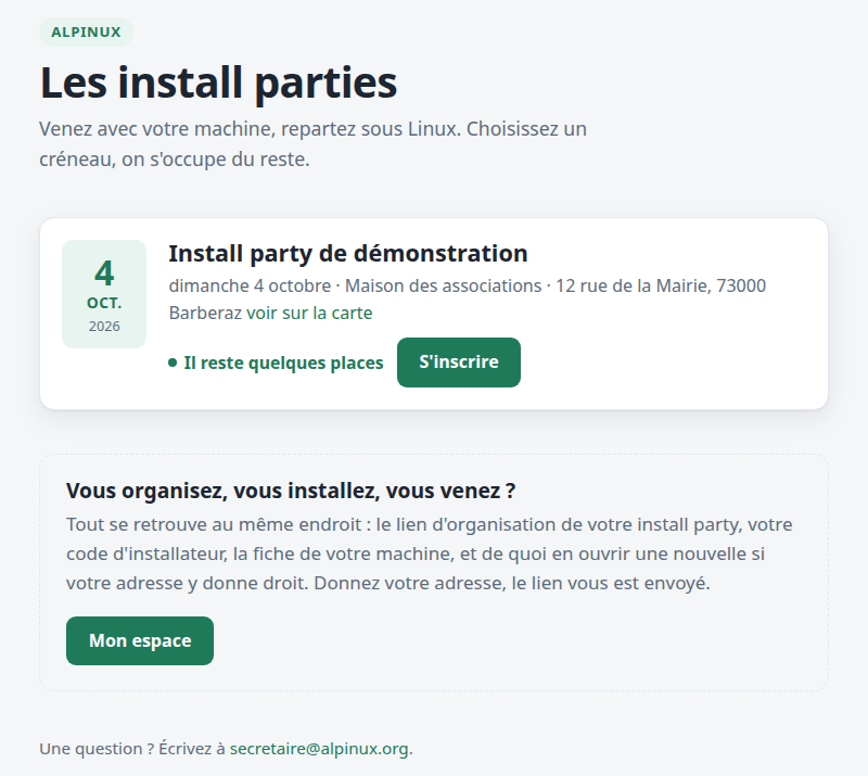 La liste des install parties ouvertes aux inscriptions