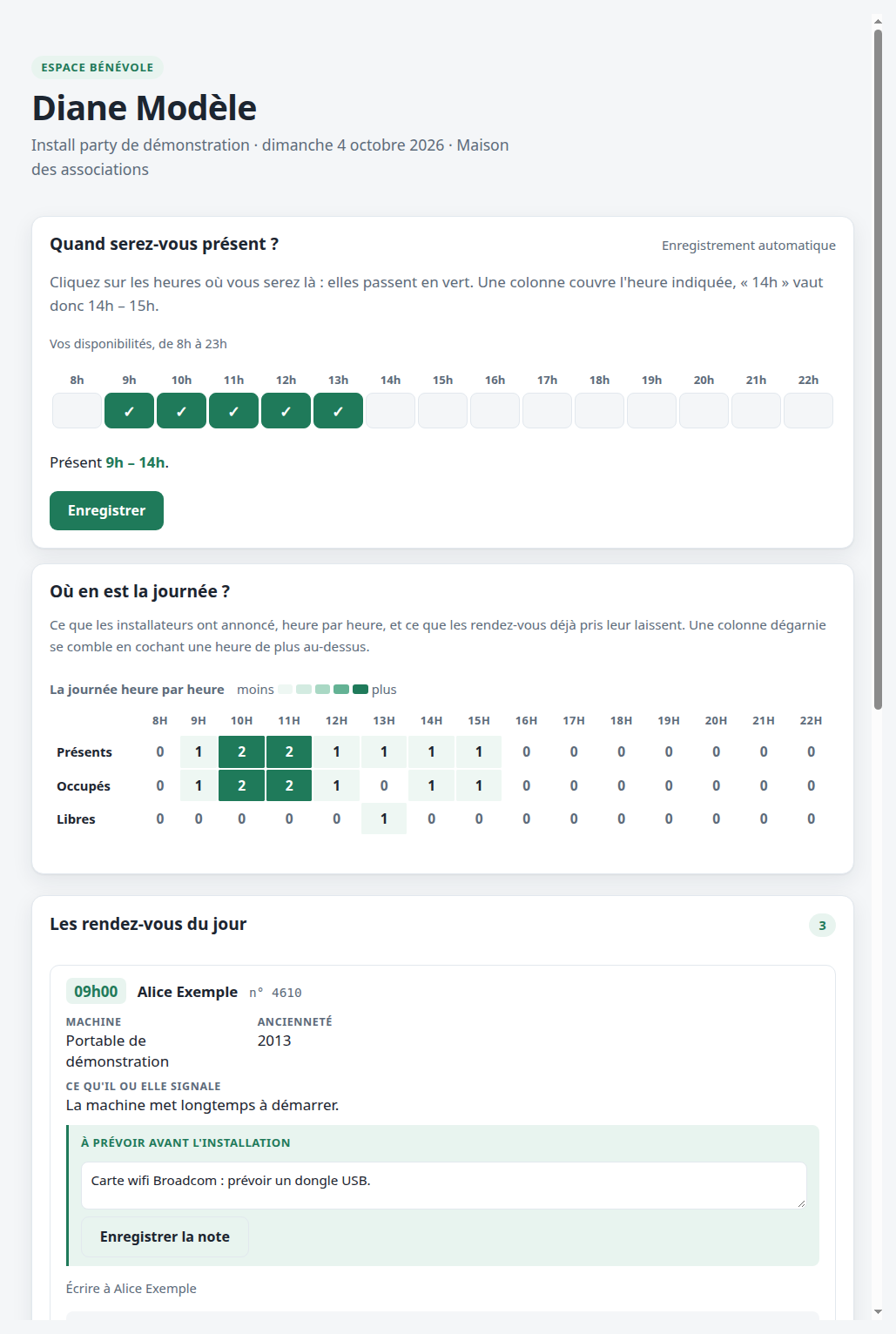 La grille des heures de présence et les rendez-vous du jour