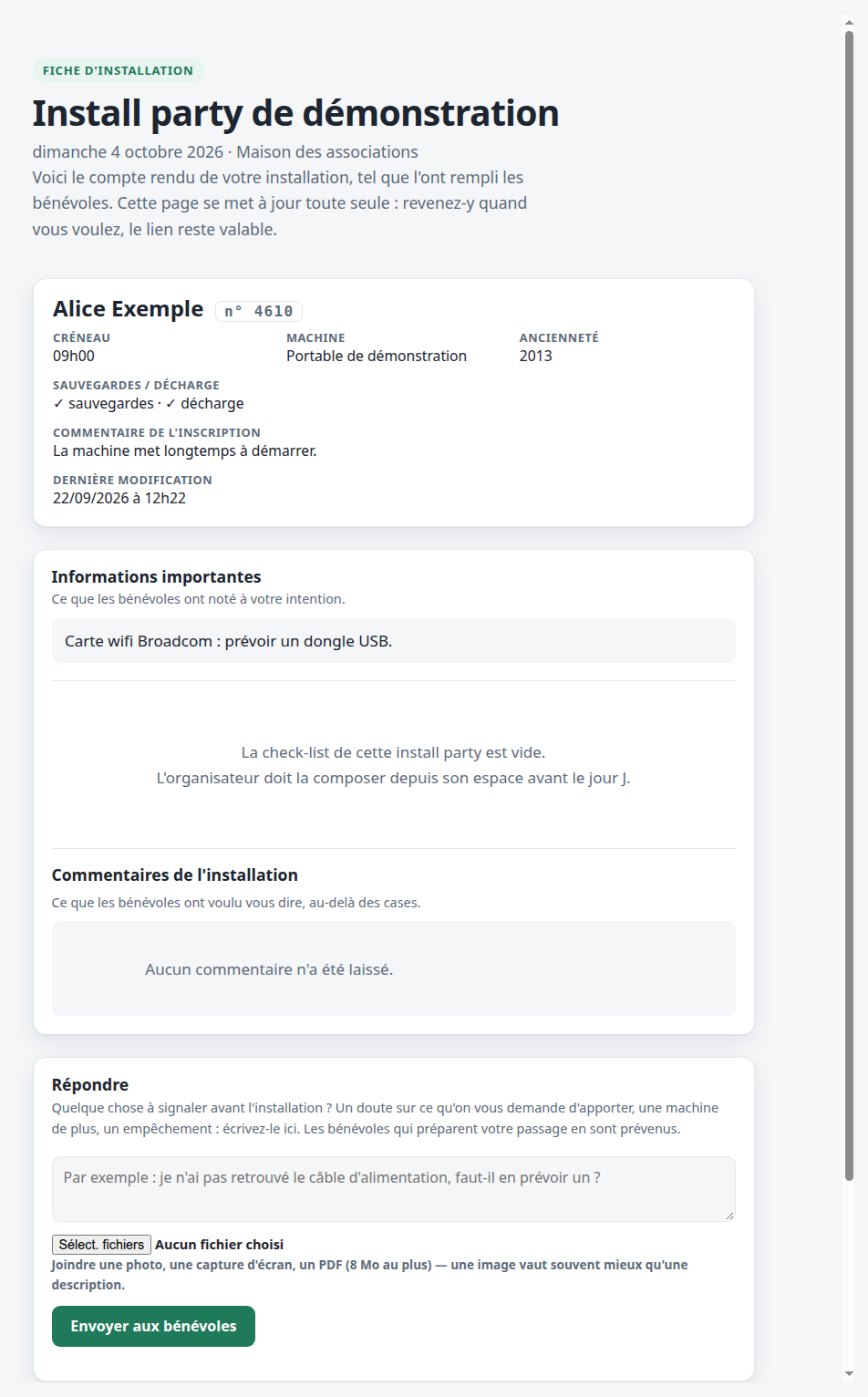 La fiche d'installation vue par le participant